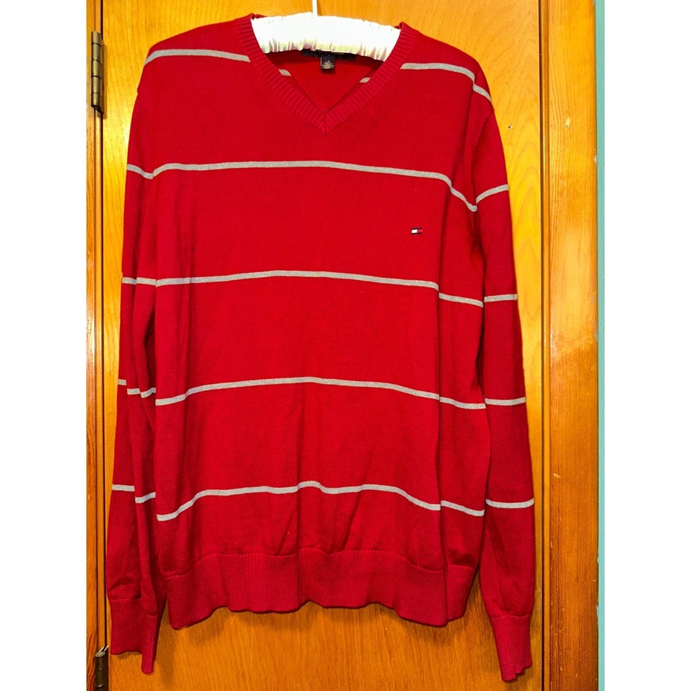 Tommy‎ Hilfiger Pullover V Neck Sweater Men's Size L Burgundy & Gray Cotton